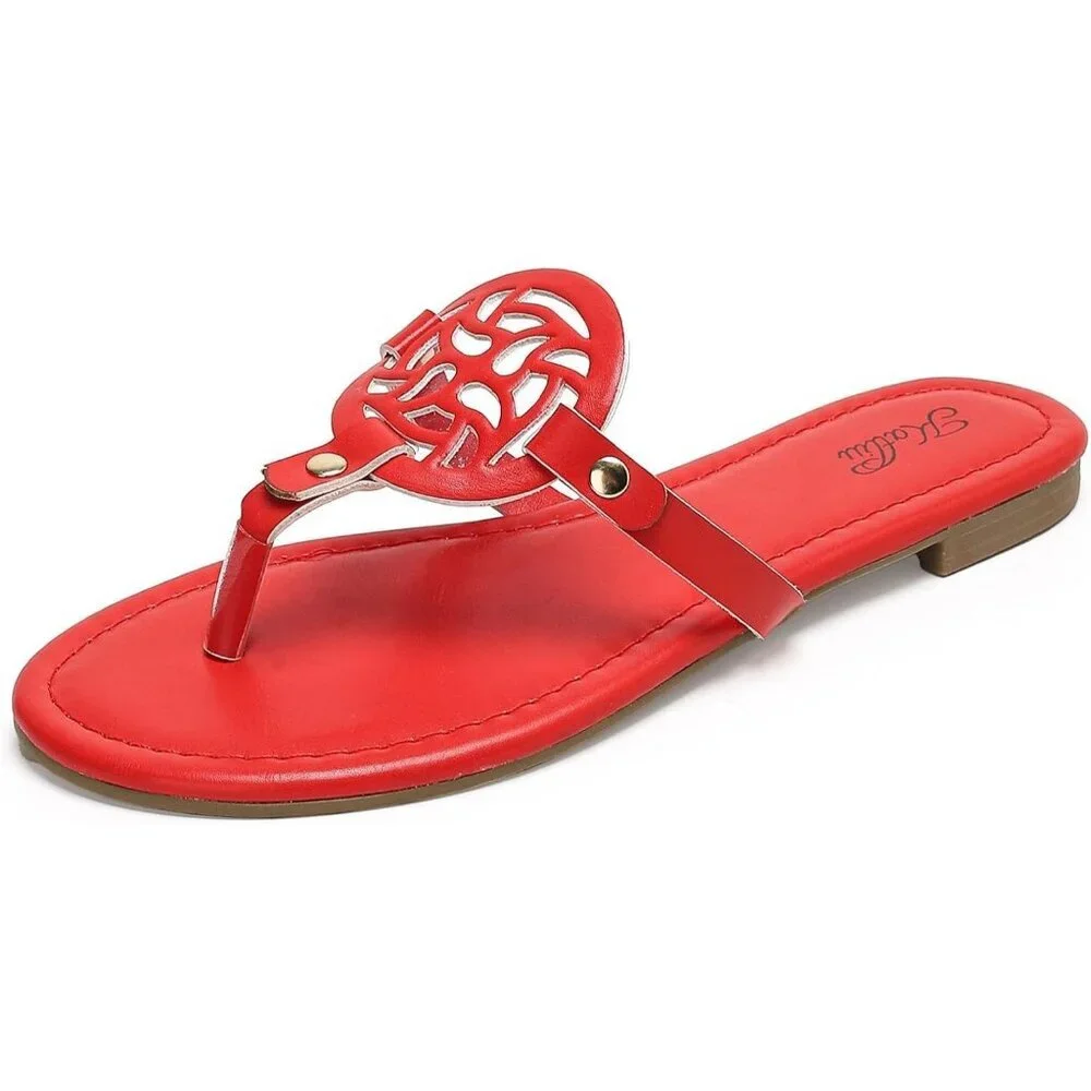 Women's Red Flip Flop Comfortable Faux Leather Flat Sandals Shoes